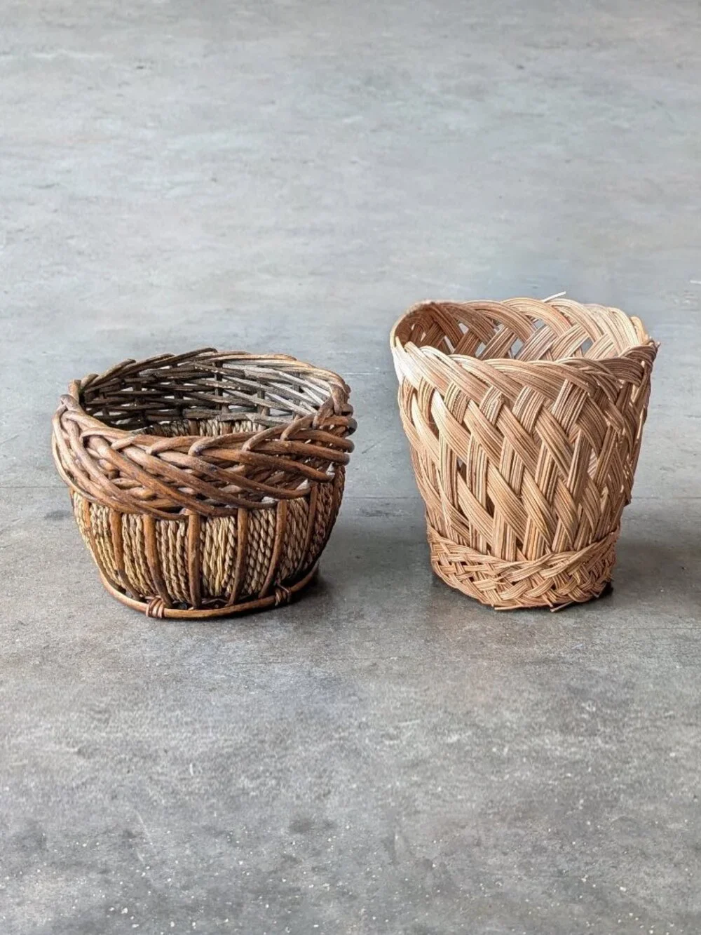 Vintage Brown Wicker Straw Basket Planters Set of Two